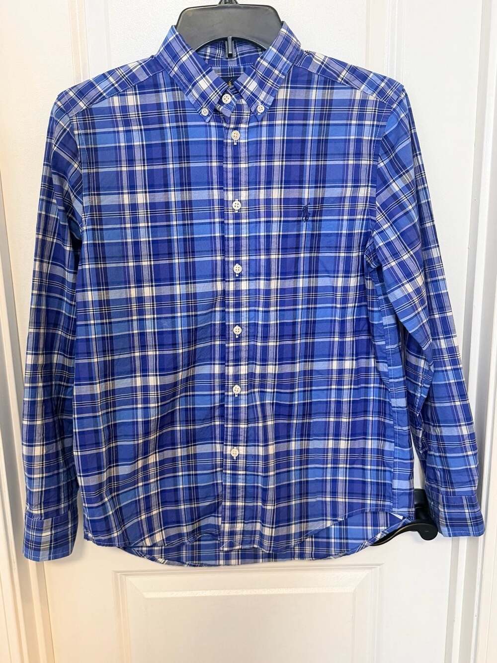 Ralph Lauren Natural Stretch Blue Plaid Button Down Shirt Kids Large